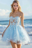 Strapless Tule hemelsblauwe Homecoming jurk met applicaties