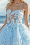 Strapless Tule hemelsblauwe Homecoming jurk met applicaties