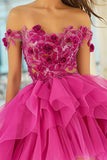 Fuchsia Off the Shoulder Homecoming Jurk met 3D Bloemen