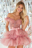 Blush Off The Shoulder Een lijn Homecoming jurk met kralen