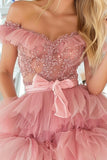 Blush Off The Shoulder Een lijn Homecoming jurk met kralen