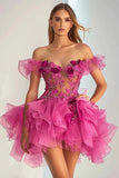 Gegolfde Tule Off the Shoulder Fuchsia Homecoming Jurk met Appliques