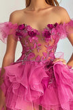 Gegolfde Tule Off the Shoulder Fuchsia Homecoming Jurk met Appliques