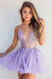 Lila Tule A Line Pailletten Applique Homecoming Jurk