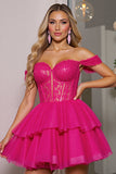 Off The Shoulder Korset A Line Fuchsia Homecoming Jurk