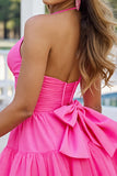 Fuchsia A Line Halter Gerimpelde Korte Homecoming Jurk met Strik