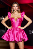 Fuchsia Satijn A Line Sweetheart Korte Homecoming Jurk met Ruches