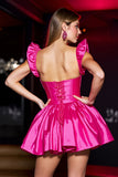 Fuchsia Satijn A Line Sweetheart Korte Homecoming Jurk met Ruches