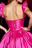 Fuchsia Satijn A Line Sweetheart Korte Homecoming Jurk met Ruches