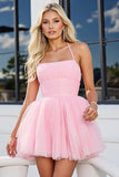 Roze Tule A Line Gerimpelde Spaghettibandjes Korte Homecoming Jurk