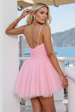 Roze Tule A Line Gerimpelde Spaghettibandjes Korte Homecoming Jurk