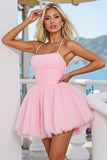 Roze Tule A Line Gerimpelde Spaghettibandjes Korte Homecoming Jurk