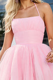 Roze Tule A Line Gerimpelde Spaghettibandjes Korte Homecoming Jurk