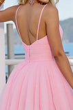 Roze Tule A Line Gerimpelde Spaghettibandjes Korte Homecoming Jurk