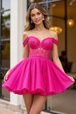 Fuchsia Korset A Line Tule Off the Shoulder Korte Homecoming Jurk
