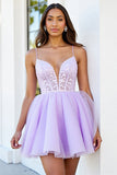 Lila Tule Korset Spaghettibandjes A Line Korte Homecoming Jurk met Appliques