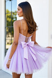 Lila Tule Korset Spaghettibandjes A Line Korte Homecoming Jurk met Appliques