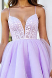 Lila Tule Korset Spaghettibandjes A Line Korte Homecoming Jurk met Appliques
