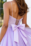 Lila Tule Korset Spaghettibandjes A Line Korte Homecoming Jurk met Appliques