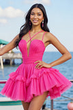 Fuchsia A Line Tule Gerimpelde Korte Homecoming Jurk met Ruches