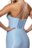 Lichtblauwe satijnen halter Bodycon korte homecoming-jurk met franjes