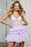 Lila Tule A Line Korset Spaghetti Bandjes Korte Homecoming Jurk met Appliques