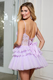Lila Tule A Line Korset Spaghetti Bandjes Korte Homecoming Jurk met Appliques