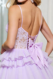 Lila Tule A Line Korset Spaghetti Bandjes Korte Homecoming Jurk met Appliques