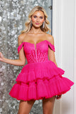 Een lijn Off The Shoulder Fuchsia gelaagde Mini Homecoming-jurk