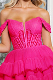 Een lijn Off The Shoulder Fuchsia gelaagde Mini Homecoming-jurk