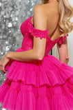 Een lijn Off The Shoulder Fuchsia gelaagde Mini Homecoming-jurk