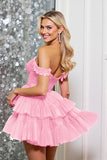 Een lijn Off The Shoulder Fuchsia gelaagde Mini Homecoming-jurk
