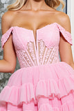 Een lijn Off The Shoulder Fuchsia gelaagde Mini Homecoming-jurk