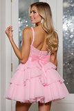Roze chiffon gelaagde korset korte Homecoming jurk met ruches