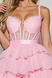 Roze chiffon gelaagde korset korte Homecoming jurk met ruches