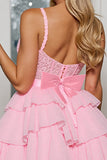 Roze chiffon gelaagde korset korte Homecoming jurk met ruches
