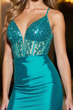 Sprankelende donkergroene bodycon korset met pailletten korte homecoming-jurk