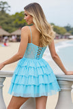 Lichtblauwe chiffon korset gelaagde keyhole korte homecoming jurk