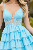 Lichtblauwe chiffon korset gelaagde keyhole korte homecoming jurk