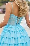 Lichtblauwe chiffon korset gelaagde keyhole korte homecoming jurk