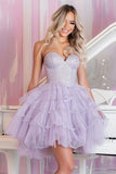 Sprankelende Lila Tule Sweetheart Korte Homecoming Jurk met Ruches