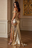 Gouden schede Metallic lange galajurk met split