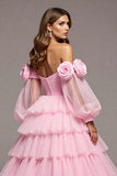 Roze Tule Bloemen A Line Lange Galajurk met Ruches