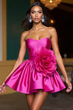 Fuchsia Strapless A-lijn Homecoming-jurk met 3D-bloemen