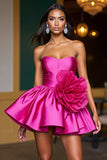 Fuchsia Strapless A-lijn Homecoming-jurk met 3D-bloemen