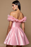 Roze Off The Shoulder Satijnen A Line Cocktailjurk