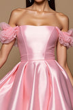 Roze Off The Shoulder Satijnen A Line Cocktailjurk
