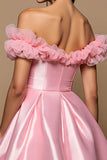 Roze Off The Shoulder Satijnen A Line Cocktailjurk