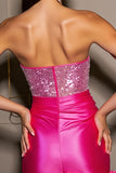 Sparkly Fuchsia strapless satijnen bodycon homecoming jurk met 3D bloemen