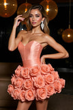 Oranje strapless satijnen A-lijn Homecoming-jurk met 3D-bloemen